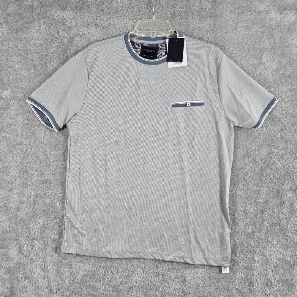 Denim & Flower Ricky Singh Mens Large Blue White Micro Stripe Pocket T-Shirt NWT